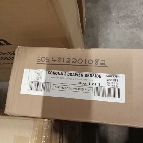 BOXED CORONA 3 DRAWER BEDSIDE - DISTRESSED WAX PINE (1 BOX)