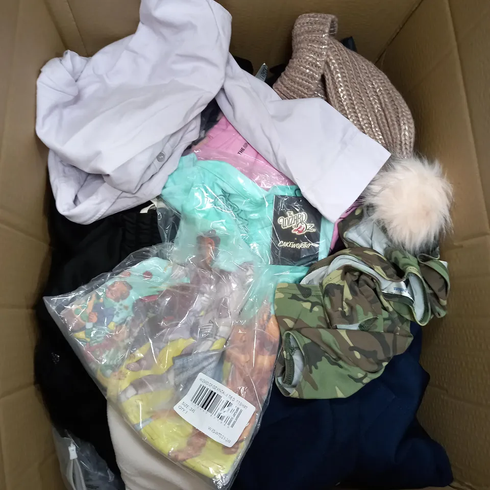 BOX OF APPROXIMATELY 20 ASSORTED ITEMS TO INCLUDE BOBBLE HAT, WIZARD OF OZ T-SHIRT, SHIRT ETC