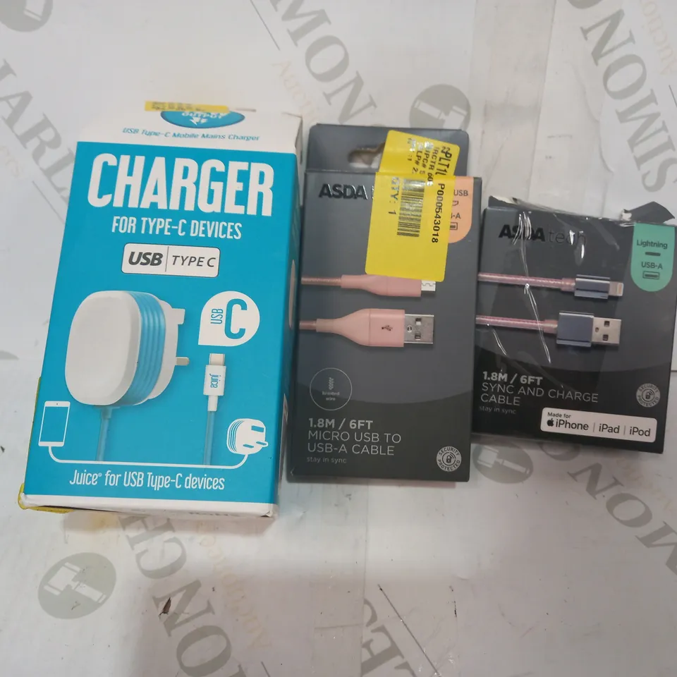 LOT OF APPROXIMATELY 20 ASSORTED HOUSEHOLD ITEMS TO INCLUDE DESIGNER CHARGER FOR TYPE-C DEVICES, ASDA TECH MICRO USB TO USB-A CABLE, ASDA TECH SYNC AND CHARGE CABLE, ETC