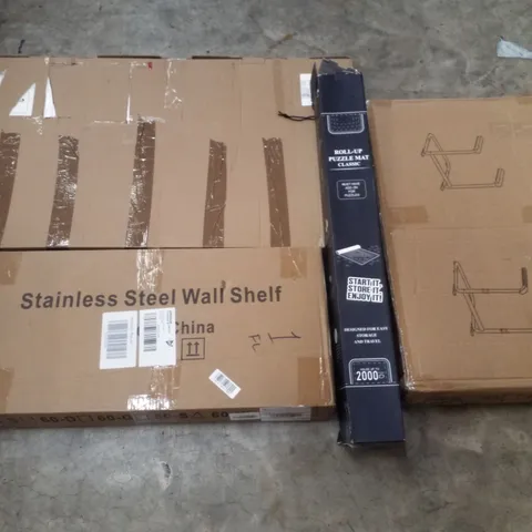 PALLET CONTAINING ASSORTED PRODUCTS INCLUDING STEEL WALL SHELF, ROLL-UP PUZZLE MAT, MOBILITY STAND & HEATED AIRER