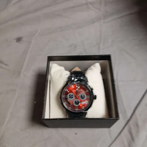 BOXED GLOBENFELD ROMAN CHRONOGRAPH WATCH WITH RED DIAL