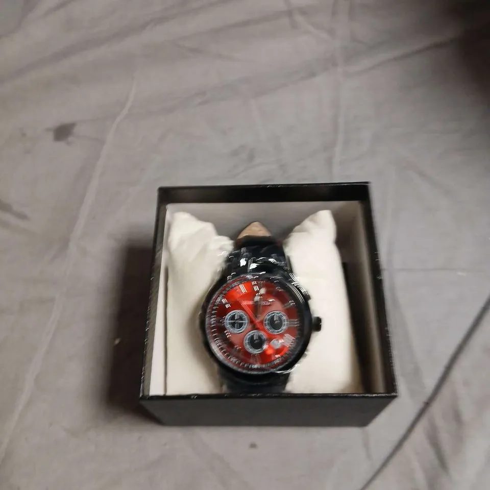 BOXED GLOBENFELD ROMAN CHRONOGRAPH WATCH WITH RED DIAL