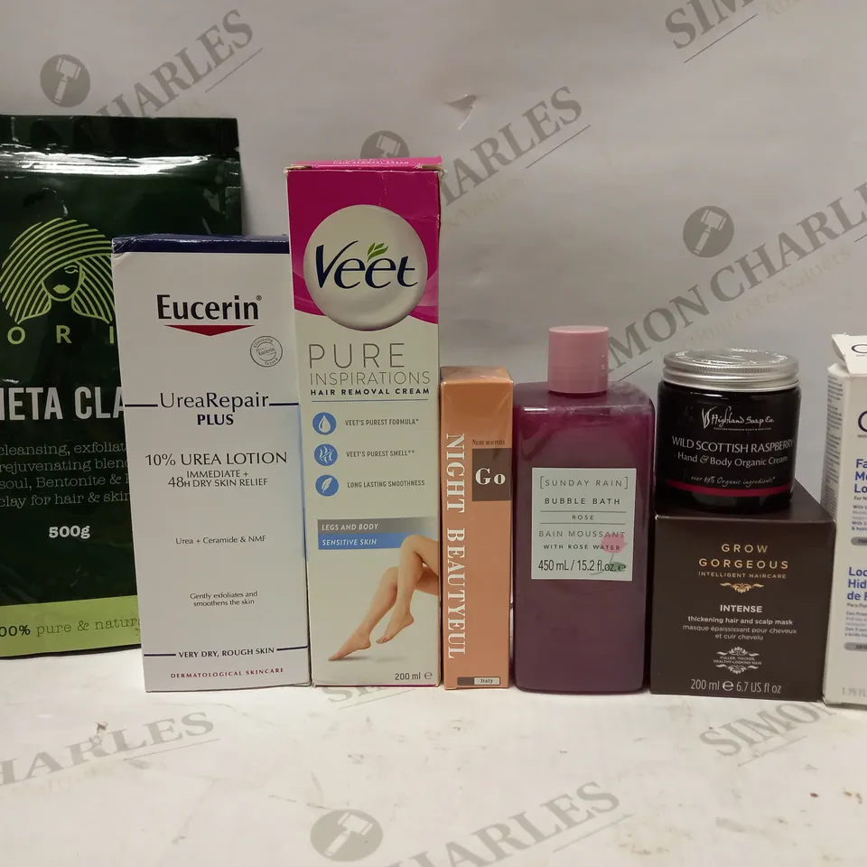 LOT OF APPROX 8 ASSORTED BEAUTY PRODUCTS TO INCLUDE SUNDAY RAIN BUBBLE BATH, GROW GORGEOUS INTENSE HAIR MASK, EUCERIN 10% UREA LOTION, ETC 