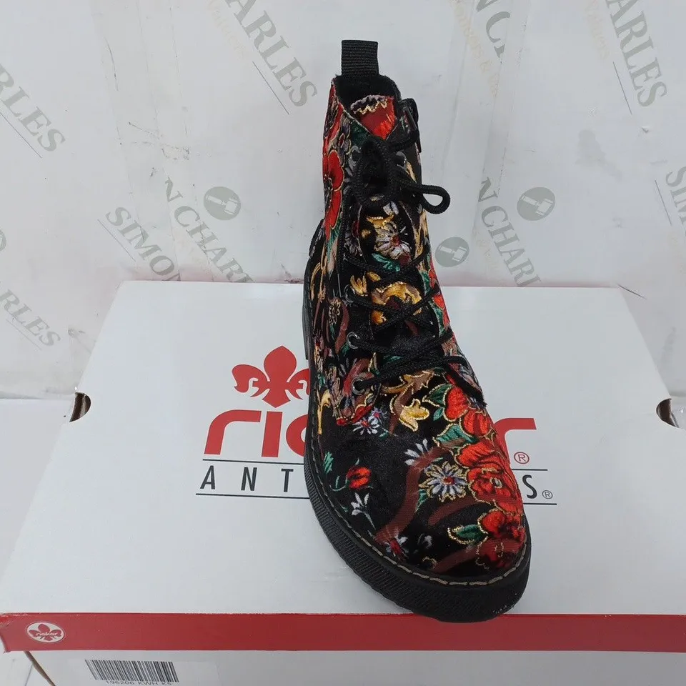BOXED PAIR OF RIEKER LACE UP BOOTS MULTI/FLORAL PATTERN - SIZE 5
