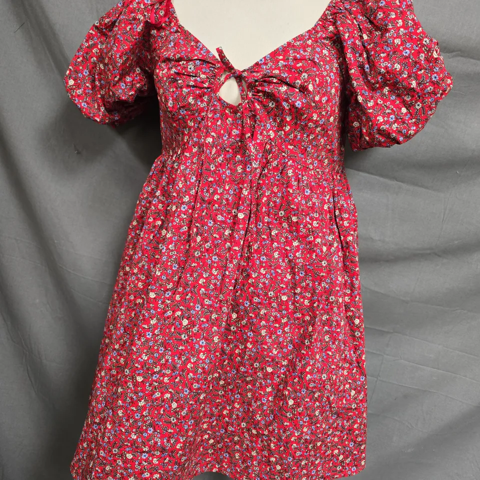 NOBODY'S CHILD JOANNA MINI DRESS IN RED W. FLORAL DESIGN SIZE UK 10