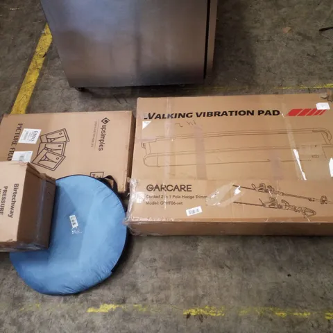 PALLET CONTAINING ASSORTED PRODUCTS INCLUDING WALKING VIBRATION PAD, CORDED 2-IN-1 POLE HEDGE TRIMMER, PICTURE FRAME SET, POP UP TENT & PRESSURE WASHER