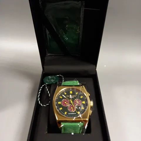 BOXED GAMAGES RETRO CALIBRE GOLD/GREEN WATCH