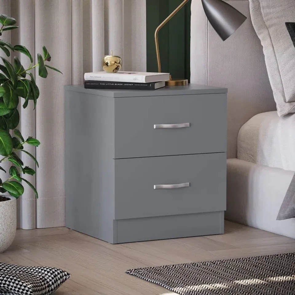 BOXED MAYBERRY 2 DRAWER BEDSIDE TABLE - GREY (1 BOX)