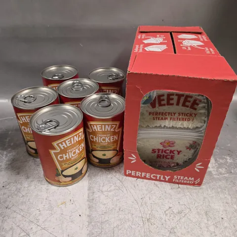 APPROXIMATELY 7 ASSORTED FOOD PRODUCTS TO INCLUDE VEETEE RICE & HEINZ CHICKEN SOUP 