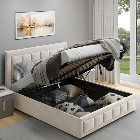 BOXED OTTOMAN DOUBLE 4FT6 BED FRAME - BEIGE (2 BOXES)