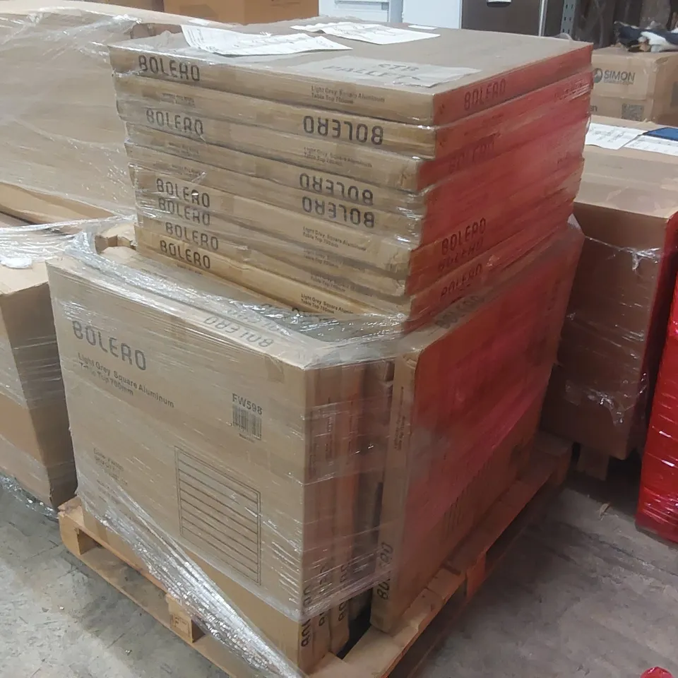 PALLET CONTAINING A VERY LARGE QUANTITY OF BRAND NEW BOXED BOLERO ALUMINIUM TABLE TOPS