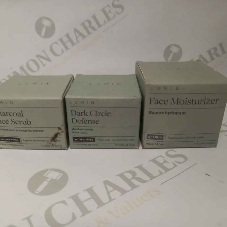 TRIO OF LUMIN FACE CARE PRODUCTS TO INCLUDE CHARCOAL FACE SCRUB, DARK CIRCLE DEFENCE & FACE MOISTURISER 