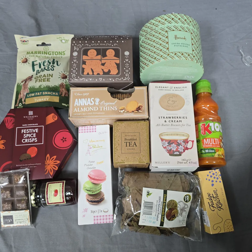 LOT OF APPROXIMATELY 13 ASSORTED FOOD ITEMS TO INCLUDE HARRODS COCOA DUSTED PISTACHIOS AND ANNAS ALMON THINS