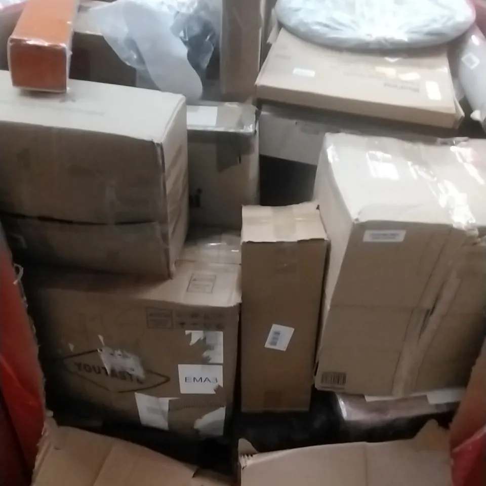 PALLET OF ASSORTED HOUSEHOLD GOODS AND PRODUCTS TO INCLUDE; AIR COOLER, LAMP SHADE, BOXED FURNITURE ETC
