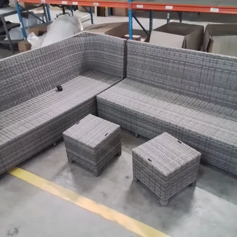 OUTDOOR RATTAN CORNER SOFA AND FOOTSTOOLS (MISSING CUSHIONS)
