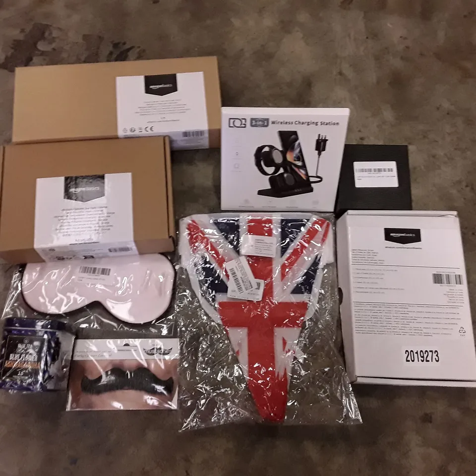 PALLET OF 6 BOXES CONTAINING ASSORTED PRODUCTS INCLUDING WIRLESS CHARGING STATION, EYE MASK, FAKE MOUSTACHE, SILICONE NIPPLE COVER, PILLOWCASE, 4 SOCKET EXTENSION LEAD