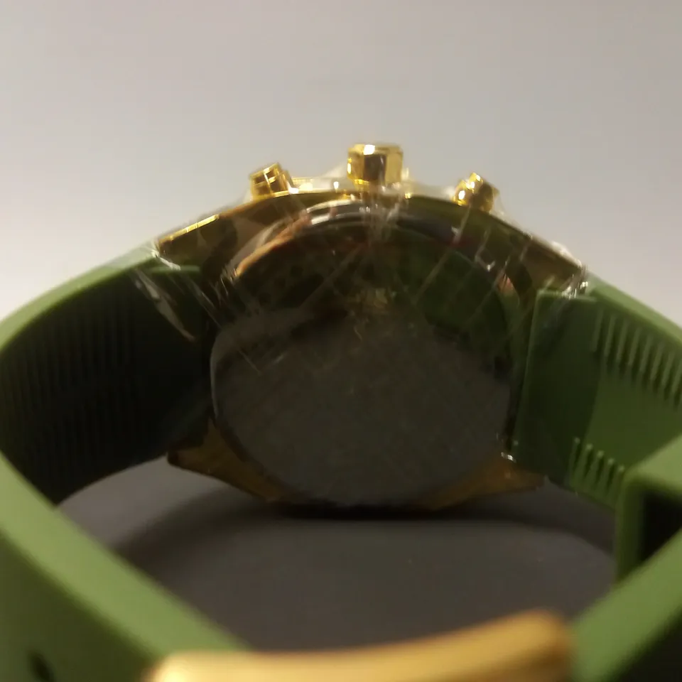 MENS LOUIS LACOMBE CHRONGRAPH WATCH – 3 SUB DIALS – GOLD COLOUR CASE – GREEN RUBBER STRAP