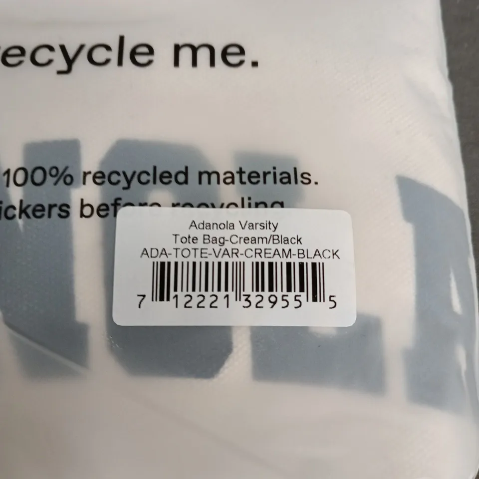 BAGGED ADANOLA VARSITY TOTE BAG - CREAM/BLACK (ADA-TOTE-VAR-CREAM-BLACK)