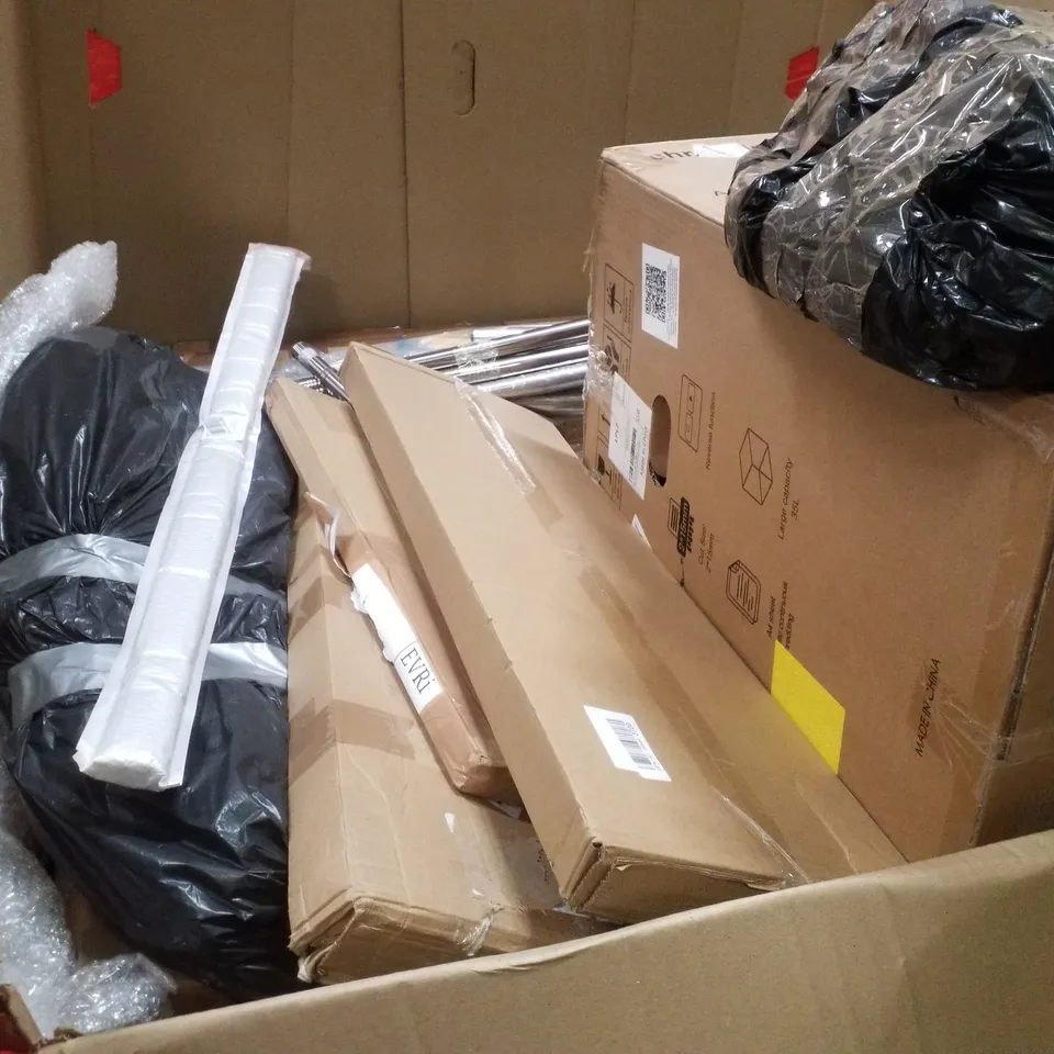 PALLET CONTAINING ASSORTED PRODUCTS INCLUDING PAPER SHREDDER, 52" CEILING FAN LIGHT, CHAIR MAT FOR CARPET, BABY BED RAILS & KIDBLOOM SPINNING CHAIR