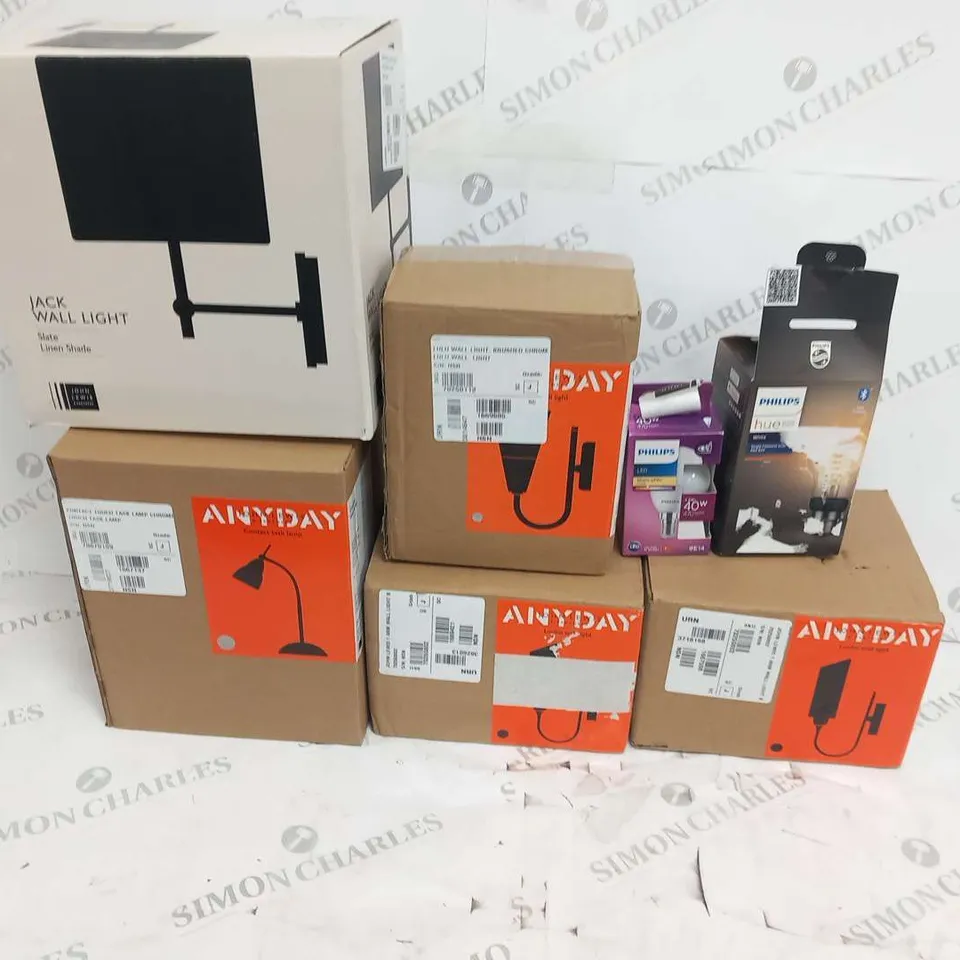 APPROXIMATELY 9 ASSORTED LIGHTING TO INCLUDE; JACK WALL LIGHT, CONTACT TASK LAMP, PHILIPS HUE, LIMBO WALL LIGHT, LULU WALL LIGHT, NEON XMAS LIGHT AND TWINE 3 LIGHT SEMI FLUSH