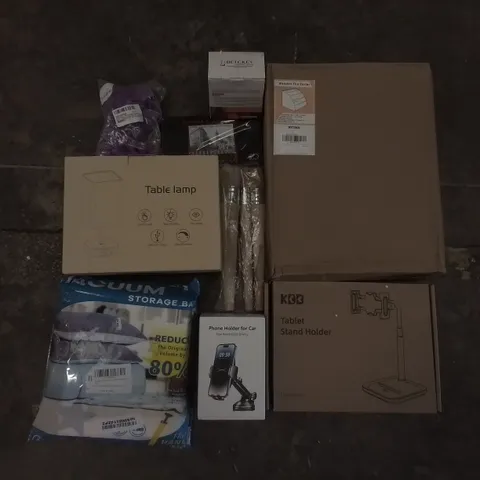 PALLET CONTAINING 6 BOXES OF ASSORTED ITEMS INCLUDING WOODEN FILE SORTER, TABLET STAND HOLDER, PHONE HOLDER FOR CAR, TABLE LAMP, PENCIL SET, VACUUM STORAGE BAG