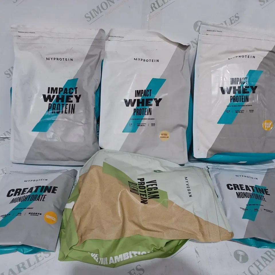 LOT TO CONTAIN 6 X ASSORTED MY PROTEIN PACKS OF PROTEIN WHEY & NUTRITION POWDER. 