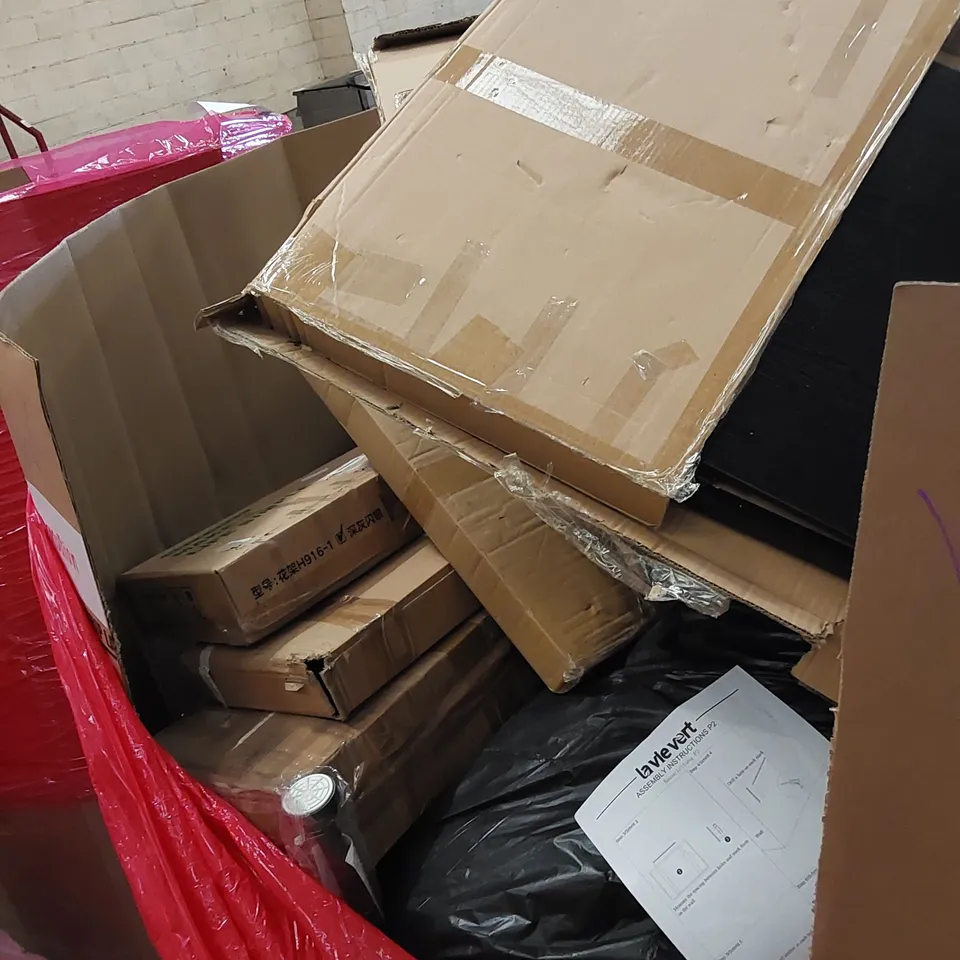 PALLET OF ASSORTED HOUSEHOLD ITEMS AND CONSUMER PRODUCTS. INCLUDES BOXED FURNITURE ETC 