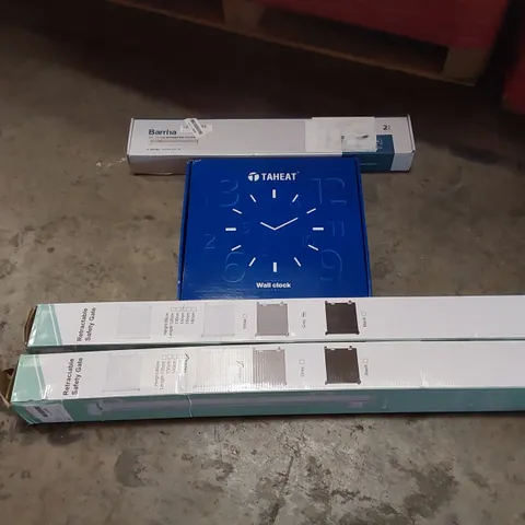 PALLET OF ASSORTED HOUSEHOLD GOODS AND PRODUCTS TO INCLUDE; WALL CLOCK, SAFETY GATES, LED LIGHTS, CAR TYRE, BOXED FURNITURE ETC
