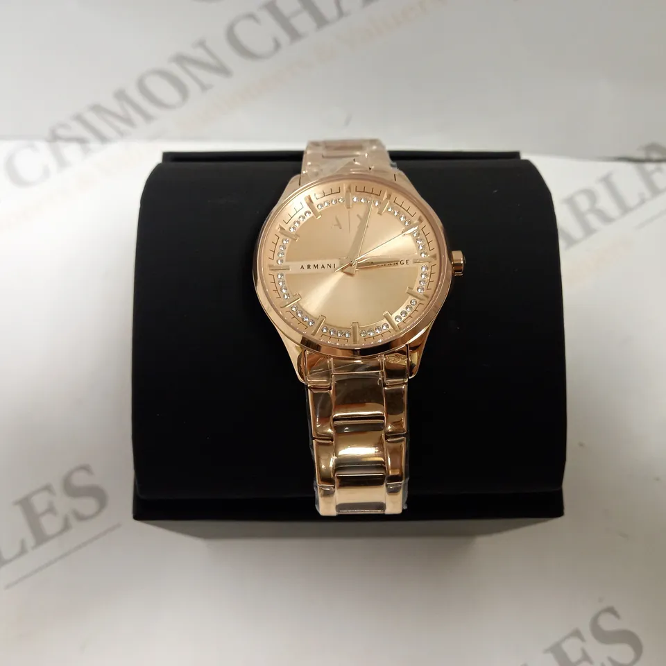 BOXED ARMANI EXCHANGE HAMPTON LADIES WATCH WITH ROSE GOLD BRACELET STYLE STRAP