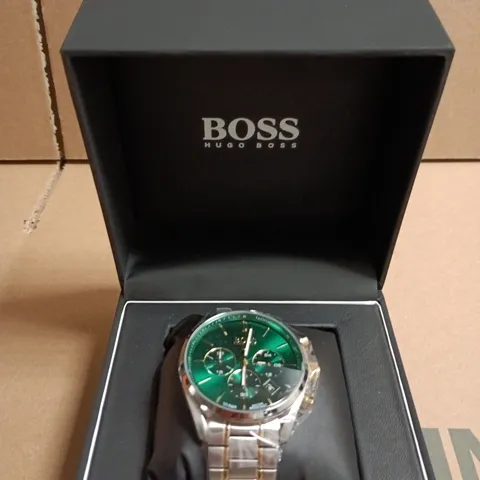 BOXED HUGO BOSS MEN'S CHRONOGRAPH WATCH – GREEN DIAL, TWO-TONE STAINLESS STEEL BRACELET