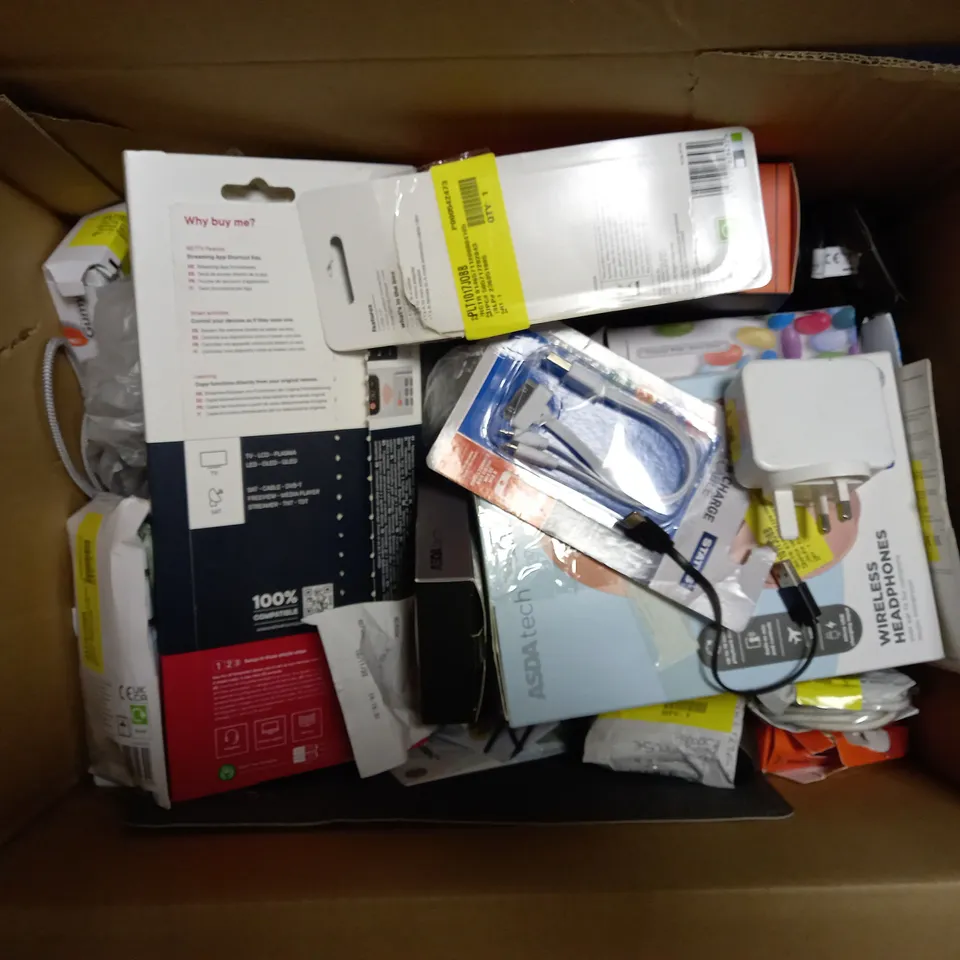 BOX OF APPROX 30 ASSORTED ITEMS TO INCLUDE  - POLAROID RADIO - MIXX HEADPHONES - TV REMOTE ECT