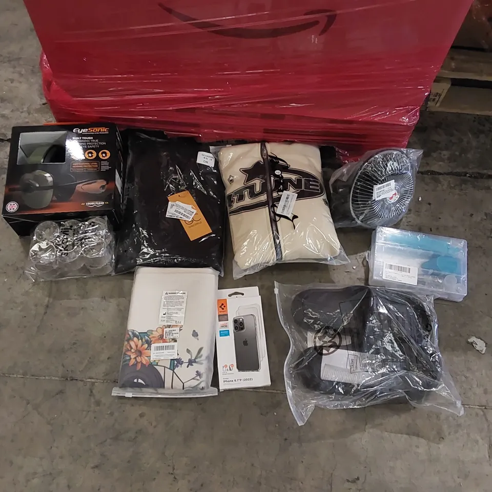 PALLET OF ASSORTED ITEMS INCLUDING: CAR FAN, CLOTHING, PILLOW CASES, SLIPPERS, BAKING KIT, PHONE CASE, EAR PROTECTOR