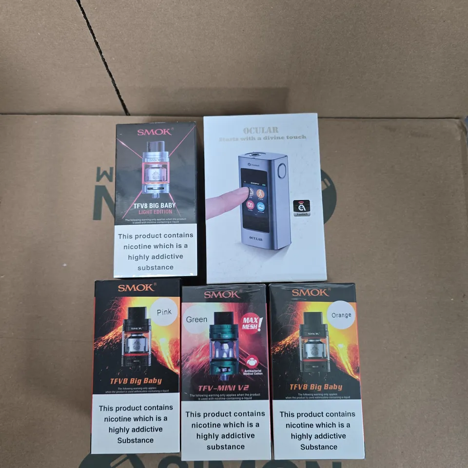 BOX OF APPROXIMATELY 40 ASSORTED E-CIGARETTES AND ACCOMPANIMENTS TO INCLUDE: SMOK TFV8 BIG BABY