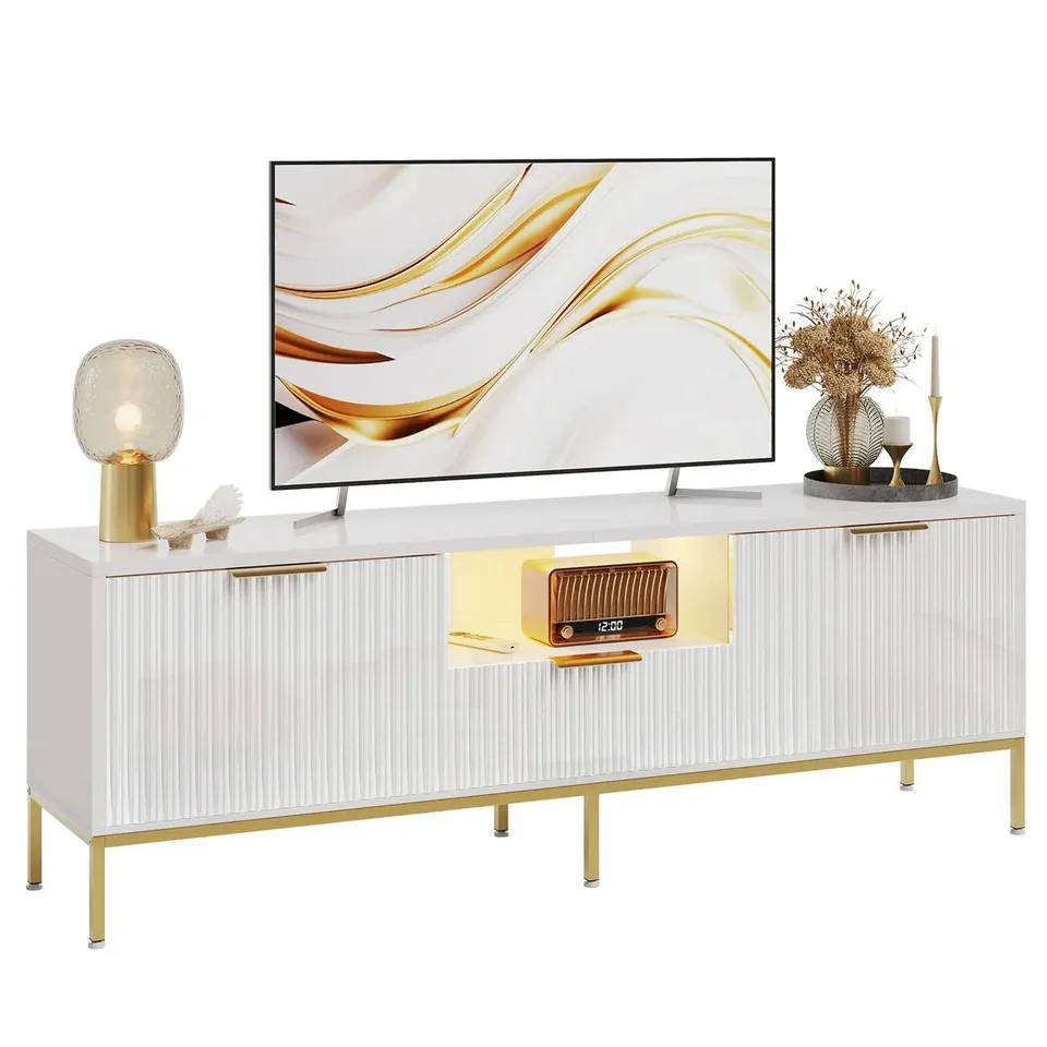 BOXED FLUTED TV STAND FOR 60 INCH TV, GLOSSY MEDIA CONSOLE WITH WAVE PATTERN (1 BOX)