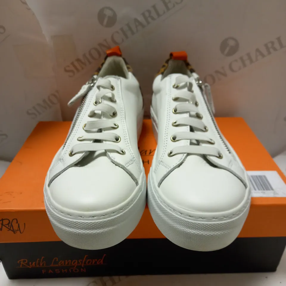 RUTH LANGSFORD WHITE LEOPARD ZIP TRAINERS - SIZE 4