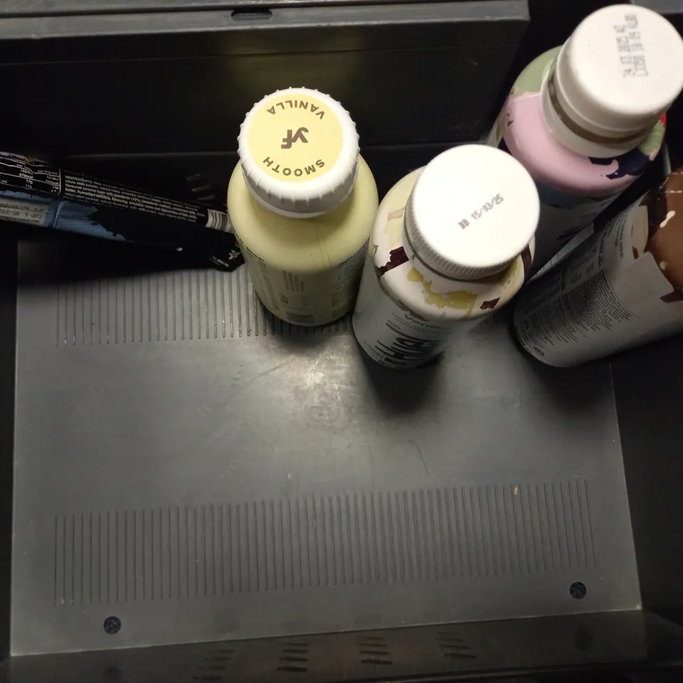 TOTE OF APPROX 9 ASSORTED FOOD ITEMS TO INCLUDE - HUEL CHOCOLATE , PICKLED GHERKINS , HIGH 5 SPORTS NUTRITION ETC