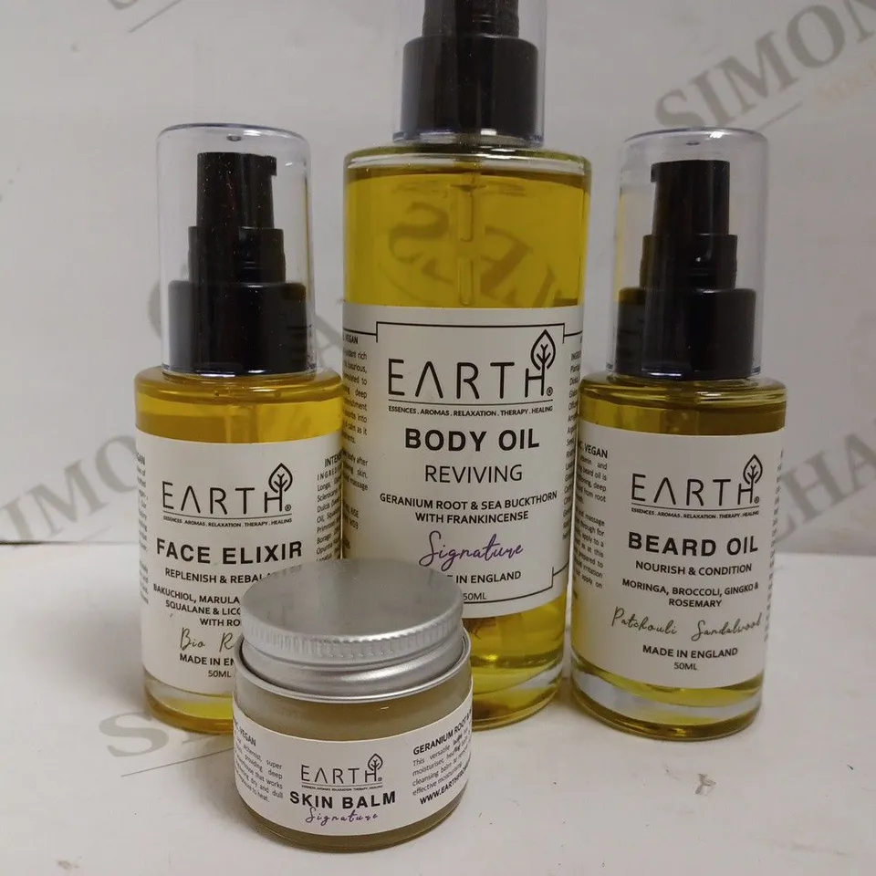 4 EARTH ITEMS INCLUDING REVIVING BODY OIL (150ML), FACE ELIXIR (50ML) AND NOURISHING BEARD OIL (50ML)