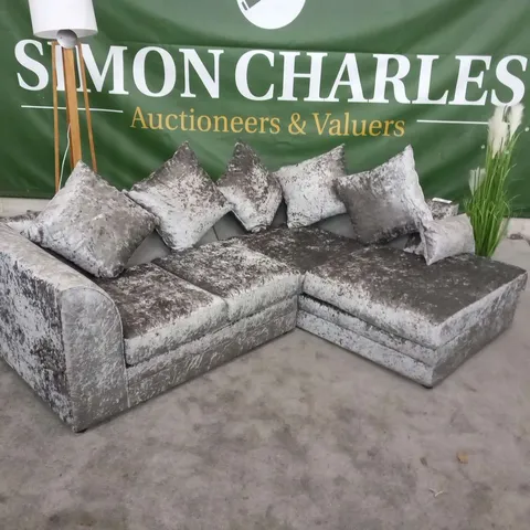 DESIGNER BILLINGS SILVER CRUSHED VELVET CORNER SOFA WITH SCATTER CUSHIONS