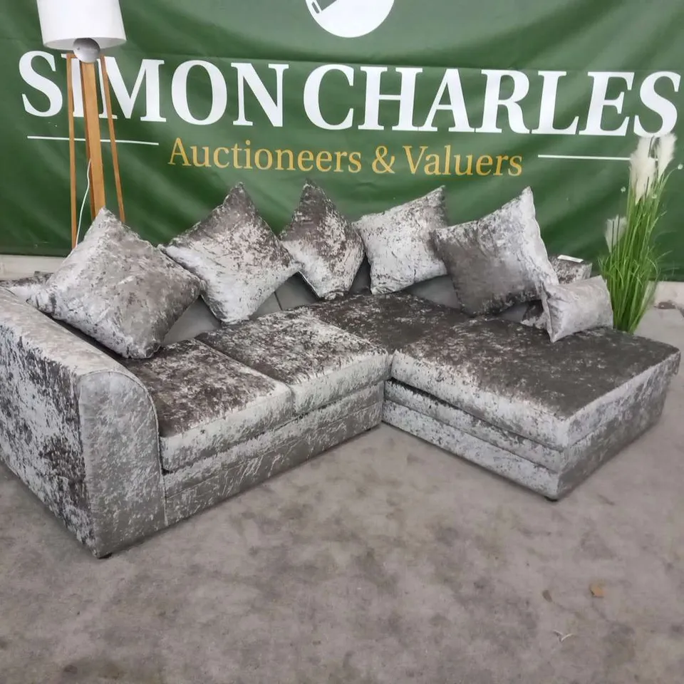 DESIGNER BILLINGS SILVER CRUSHED VELVET CORNER SOFA WITH SCATTER CUSHIONS