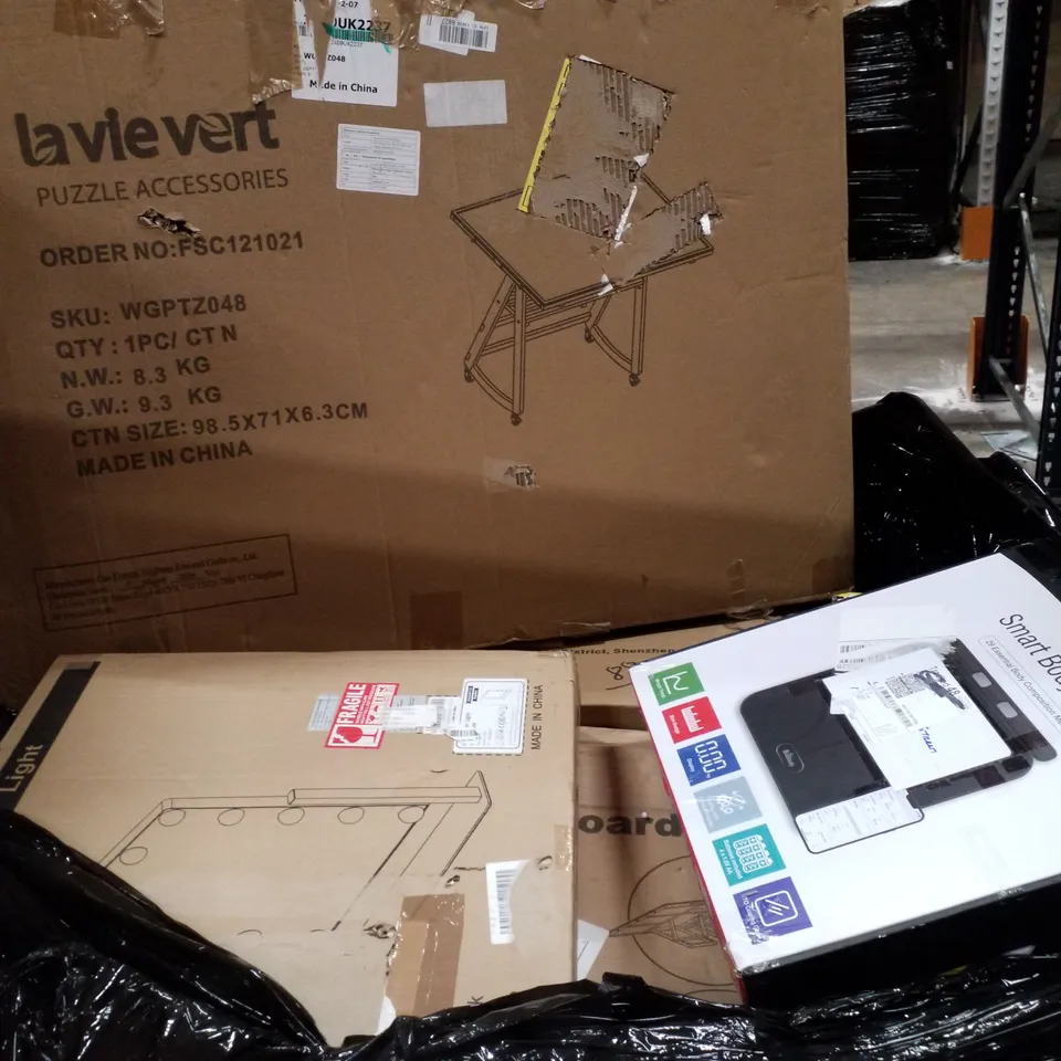 PALLET CONTAINING ASSORTED PRODUCTS INCLUDING SMART BODY SCALE, HEATED THROW, LED MIRROR LIGHT & PUZZLEBOARD