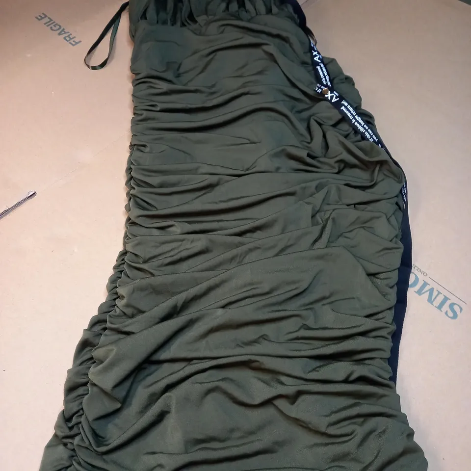 AX PARIS OLIVE RUCHED HIGH NECK MIDI DRESS - SIZE 10