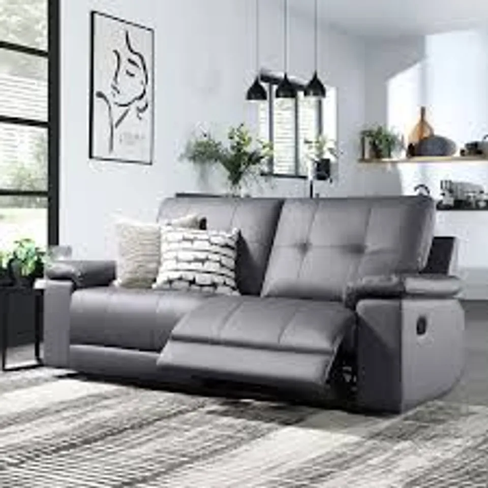 BOXED DESIGNER MONTANA 3 SEATER RECLINER SOFA - GREY PREMIUM FAUX LEATHER