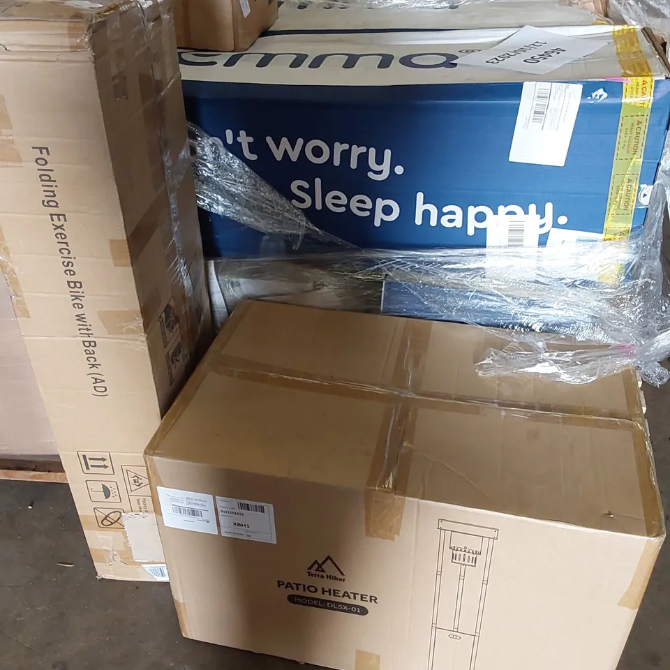 PALLET OF ASSORTED ITEMS INCLUDING, PATIO HEATER MODEL DLSX-01, FOLDING EXERCISE BIKE, ASSORTED MATTRESSES 