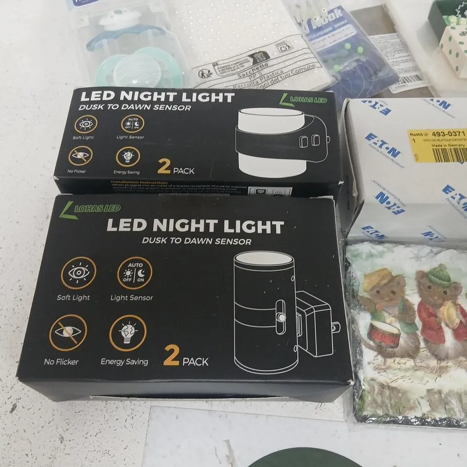 LIGHTING & HARDWARE LOT: LED NIGHT LIGHT 2-PACK, DRAIN GEL PIPE UNCLOGGER, SCREWS & ACCESSORIES, BABY PACIFIER