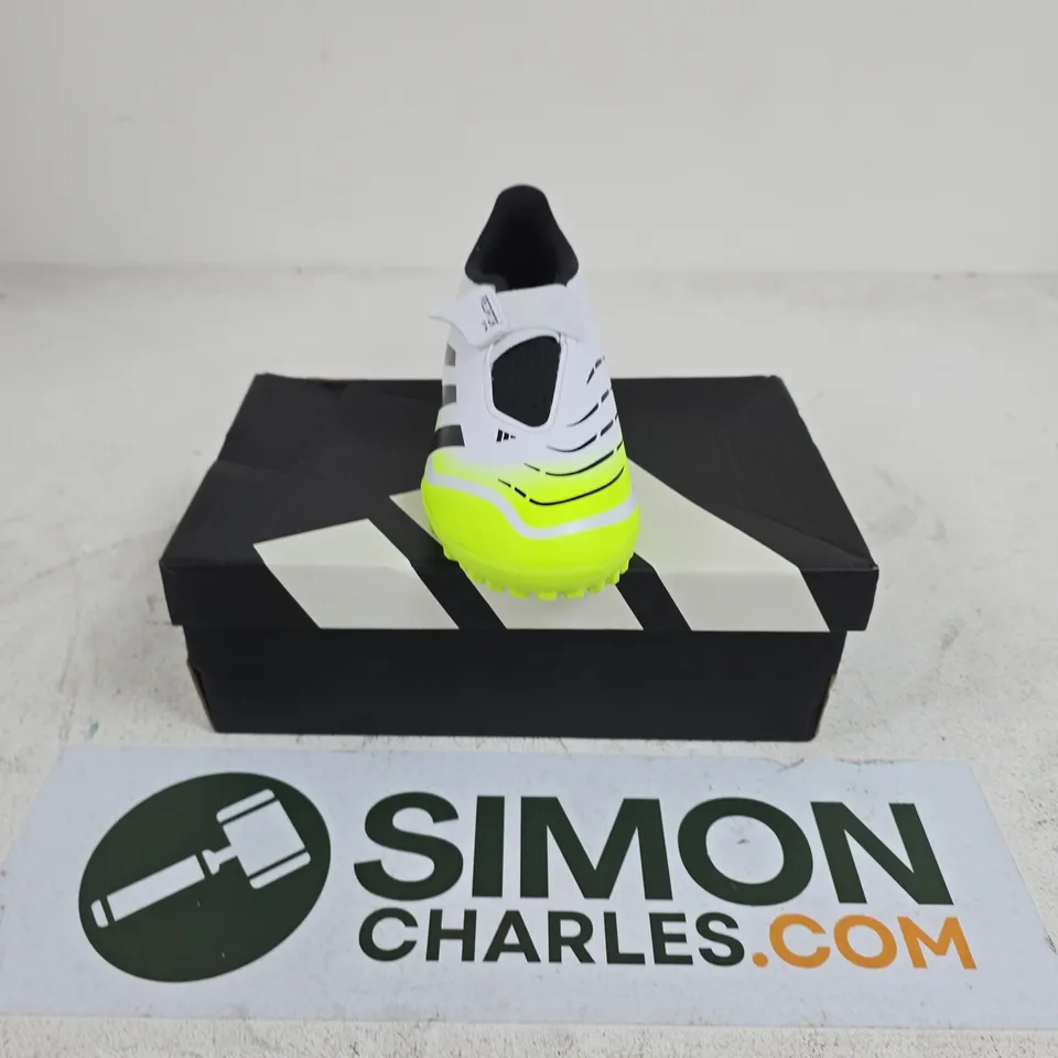 BOXED PAIR OF ADIDAS PREDATOR CLUB VEL TURF TRAINERS IN WHITE/GREEN - UK 2
