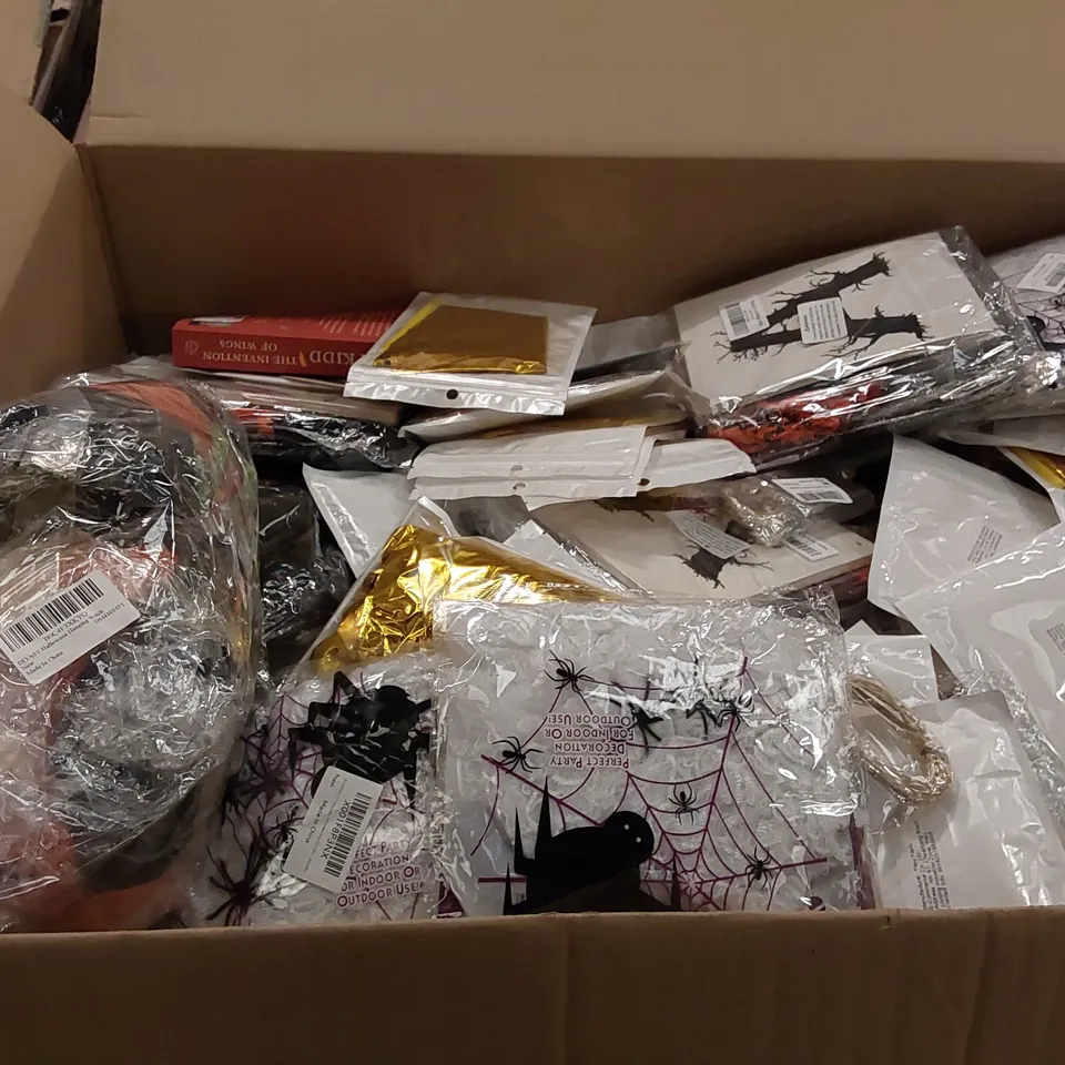 PALLET OF ASSORTED ITEMS INCLUDING: BACK STRETCHER, BOOKS, HALLOWEEN DECORATIONS, GLASS PHONE SCREEN PROTECTOR, BIRTHDAY PARTY SUPPLIES, FAIRY LIGHTS