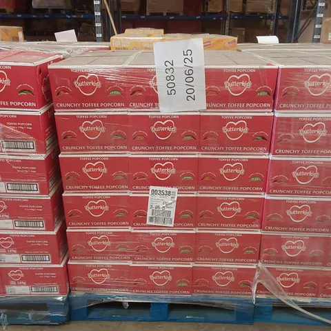 PALLET TO CONTAIN APPROX 54 BOXES OF BUTTERKIST TOFFEE POPCORN - 14 X 170g BAGS PER BOX // BEST BEFORE: 04/2025