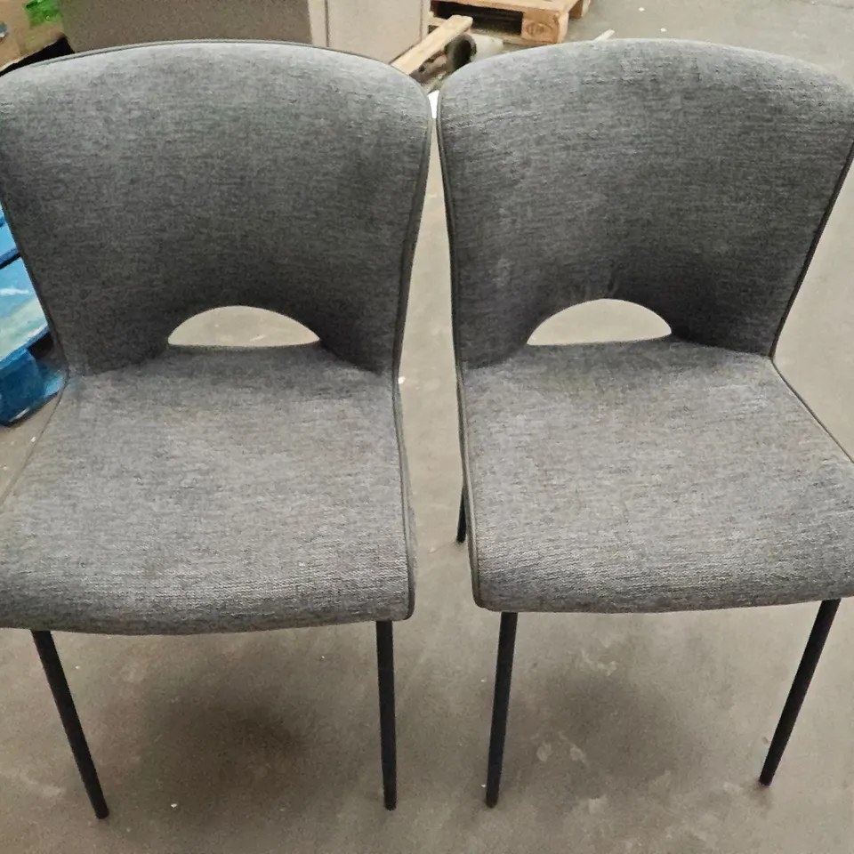 SET OF 3 GREY FABRIC DINING CHAIRS WITH CUT OUT BACKS ON METAL LEGS