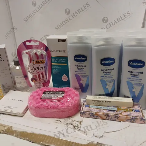 LOT OF BEAUTY PRODUCTS TO INCLUDE VASELINE ADVANCED REPAIR, BURBERRY EYE PALLETTE, ETC