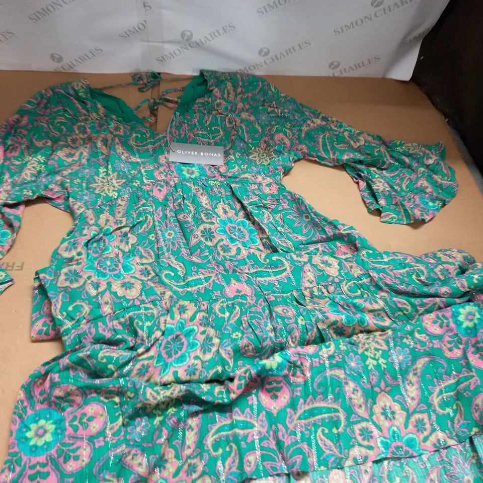 OLIVER BONAS ARTISAN PRINT GREEN V-NECK MIDI DRESS - 10